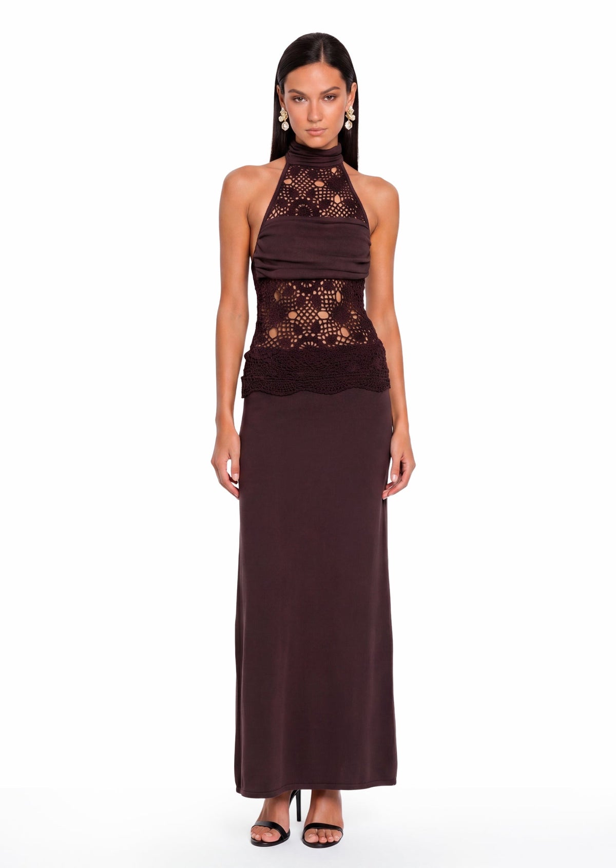 Zadok Knit & Crochet Maxi Dress In Dark Chocolate