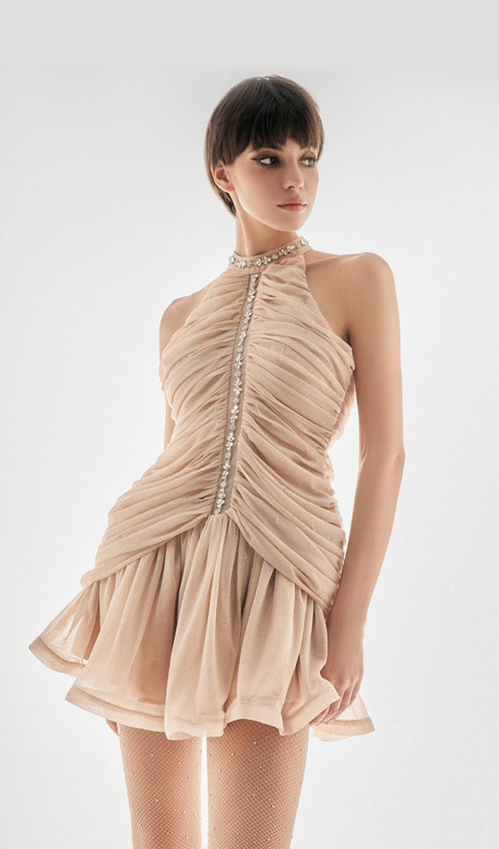 Embellished Ruched Mini Dress