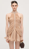 Embellished Ruched Mini Dress In Apricot
