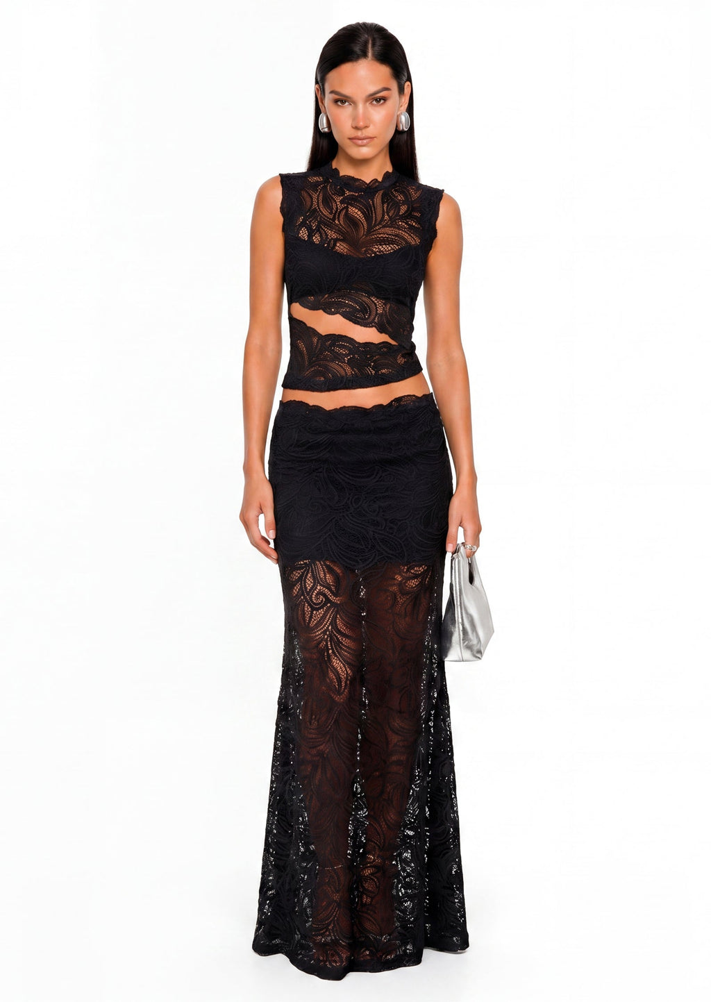 Esthela Lace Maxi Skirt Two Piece Set In Black