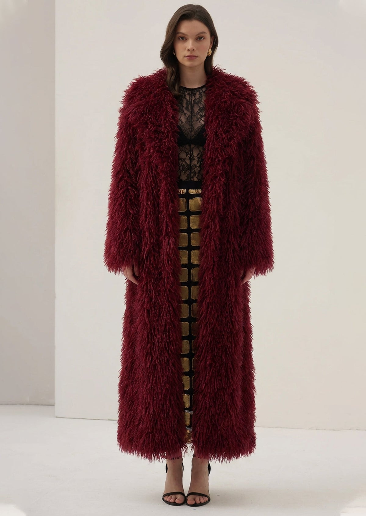 Faux Fur Maxi Jacket In Burgundy