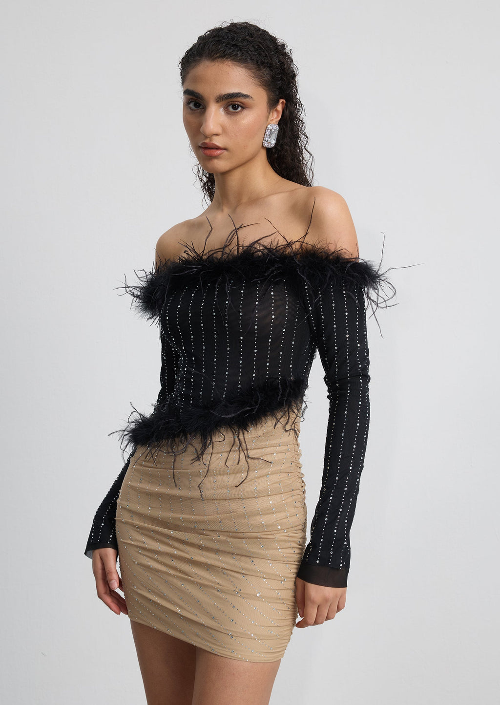 Feather Trimmed  Color-Blocked Mini Dress