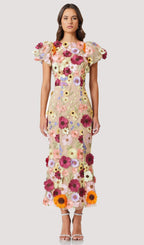 Floral 3D Lace Midi Dress In Apricot