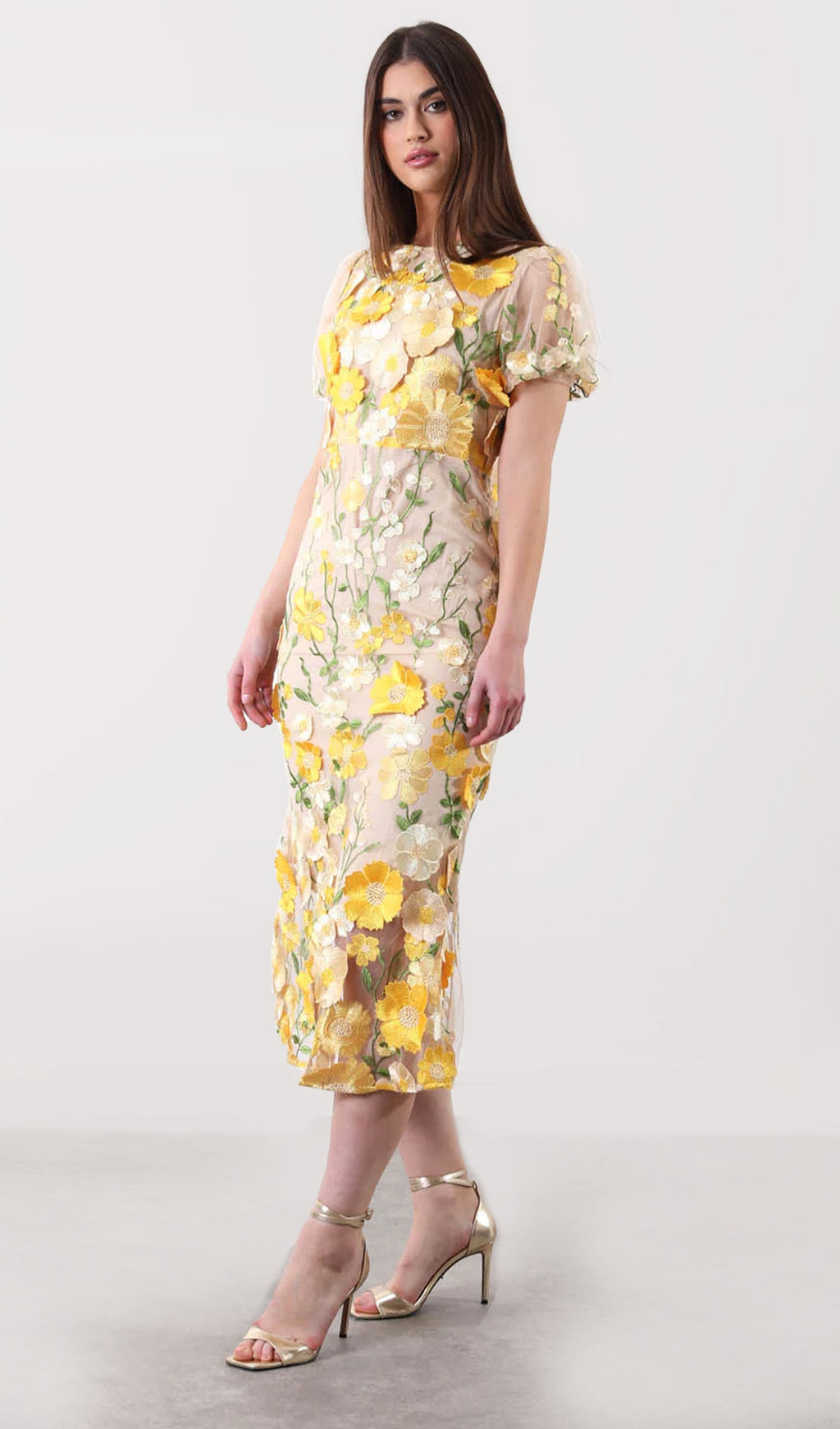 Floral 3D Lace Midi Dress In Yellow