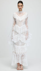Floral Lace Ruffled Maxi Dress In White