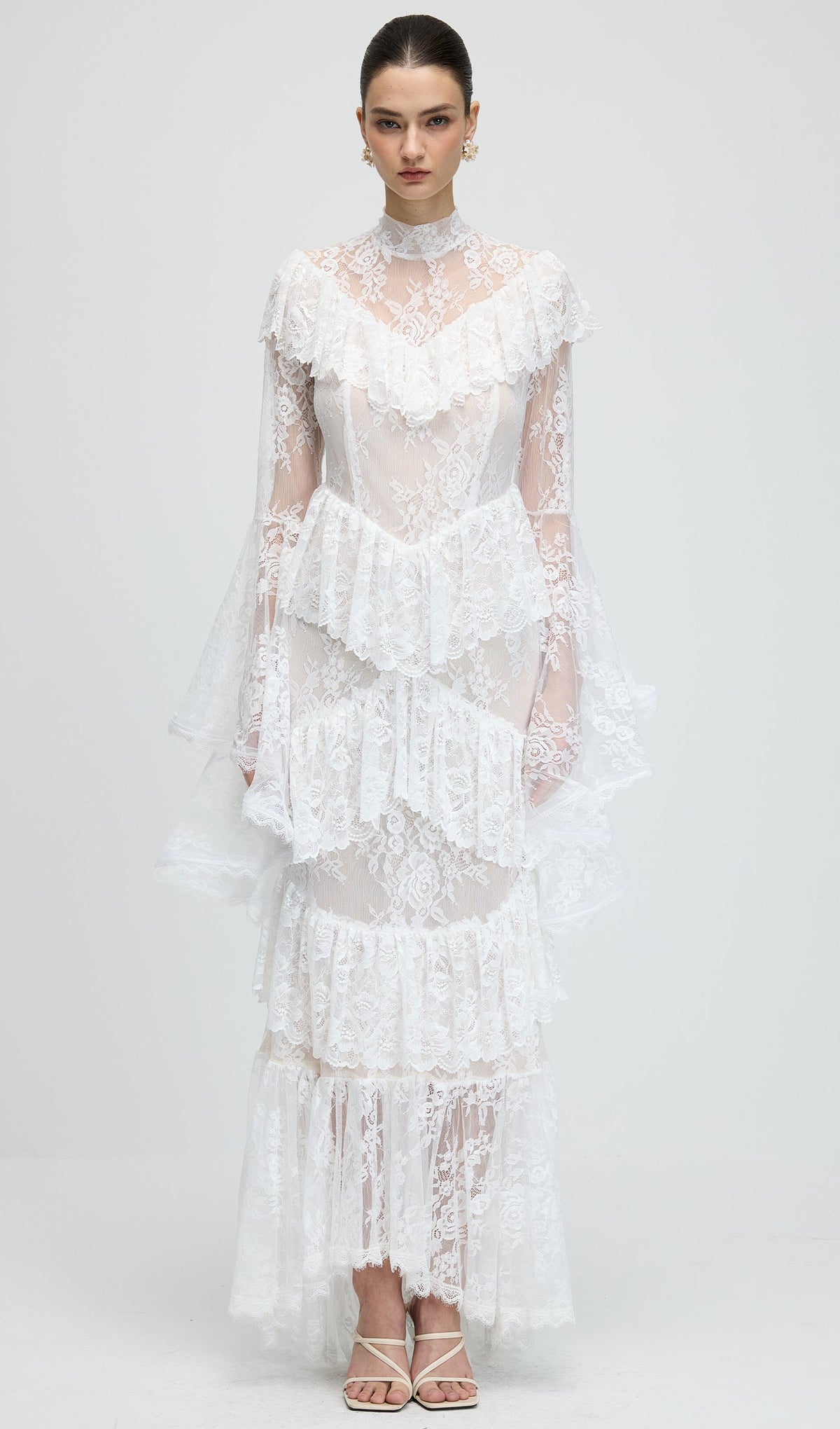 Floral Lace Ruffled Maxi Dress In White
