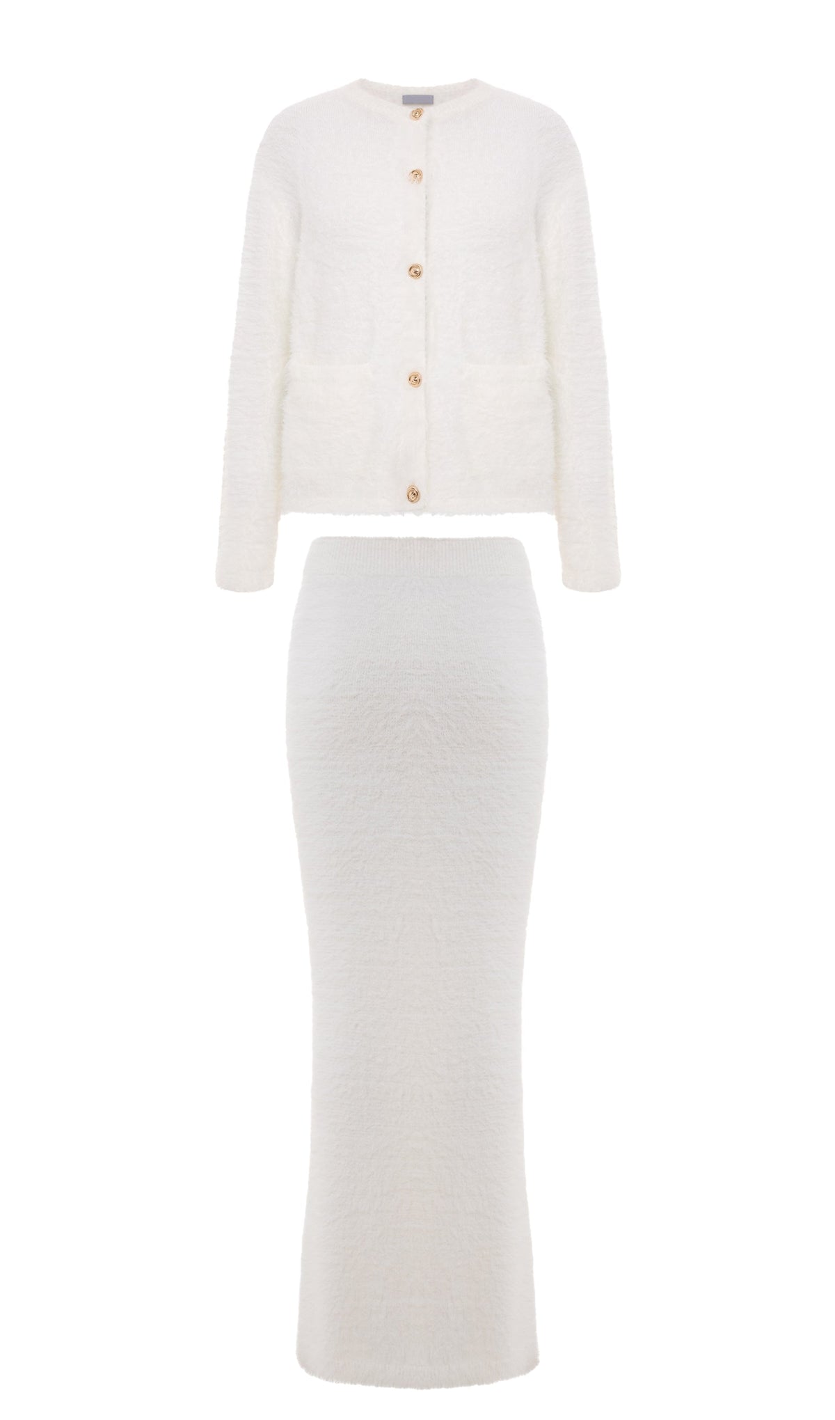 Fluffy Knitted Cardigan & Maxi Skirt Set White