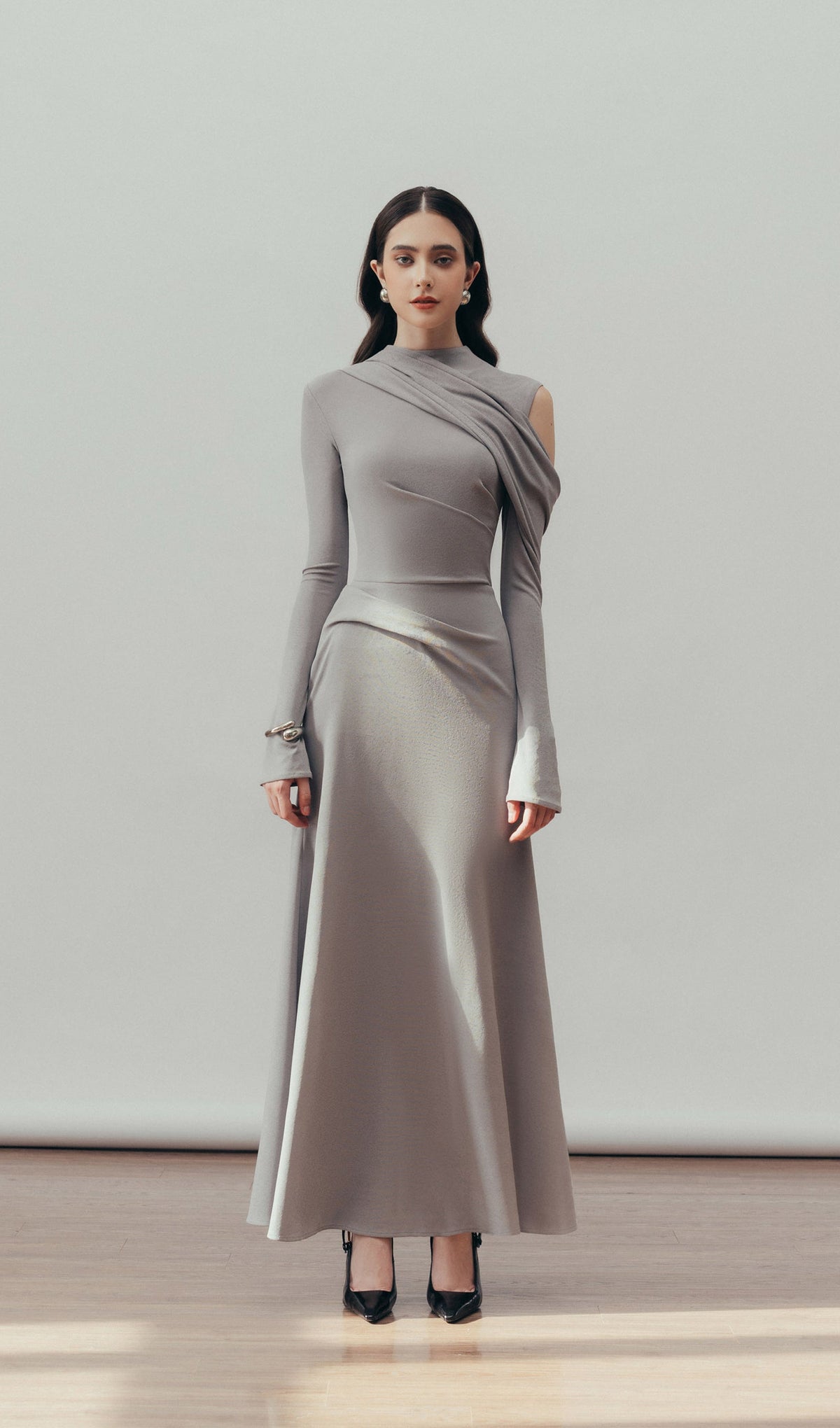 Solid Fitted Draped Maxi Dress