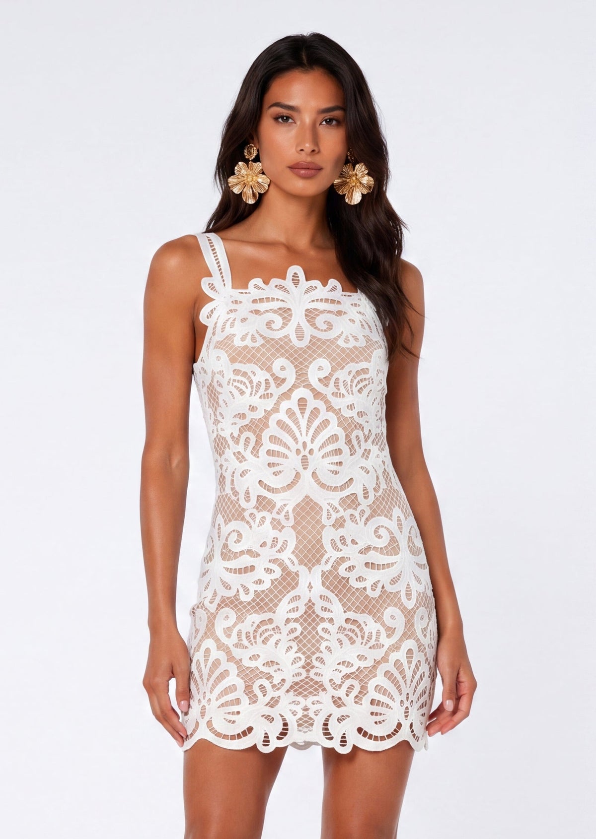Guipure Lace Mini Dress In White