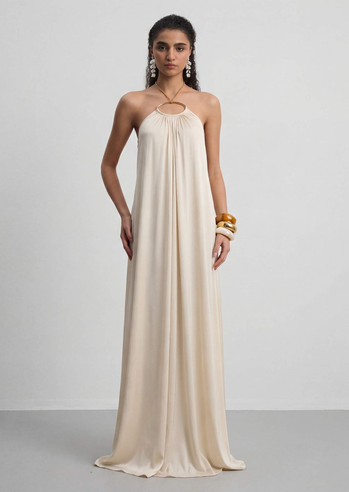 Halter With A Metallic Ring Maxi Dress In White