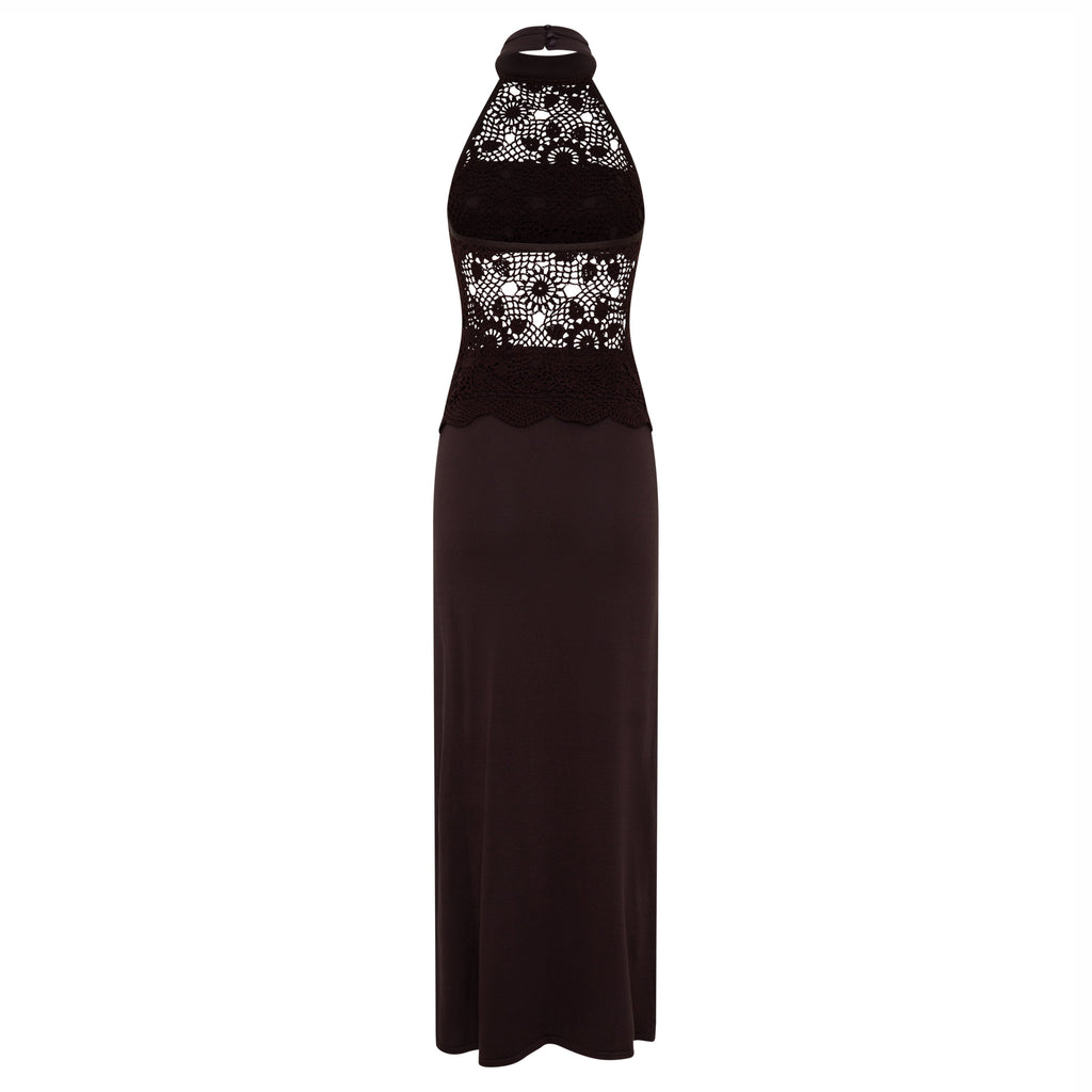 Zadok Knit & Crochet Maxi Dress In Dark Chocolate