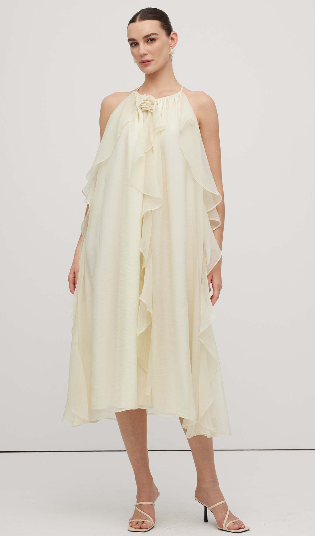 Halterneck Rose Detail Ruffle Midi Dress