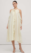 Halterneck Rose Detail Ruffle Midi Dress