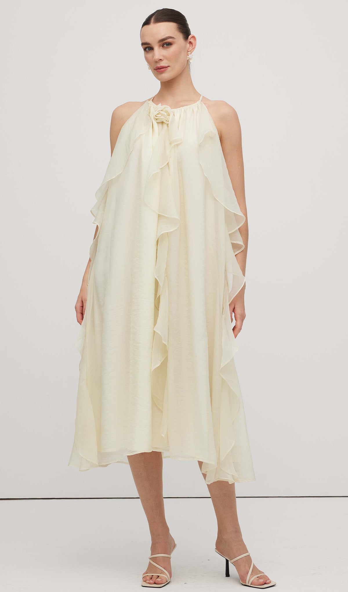Halterneck Rose Detail Ruffle Midi Dress