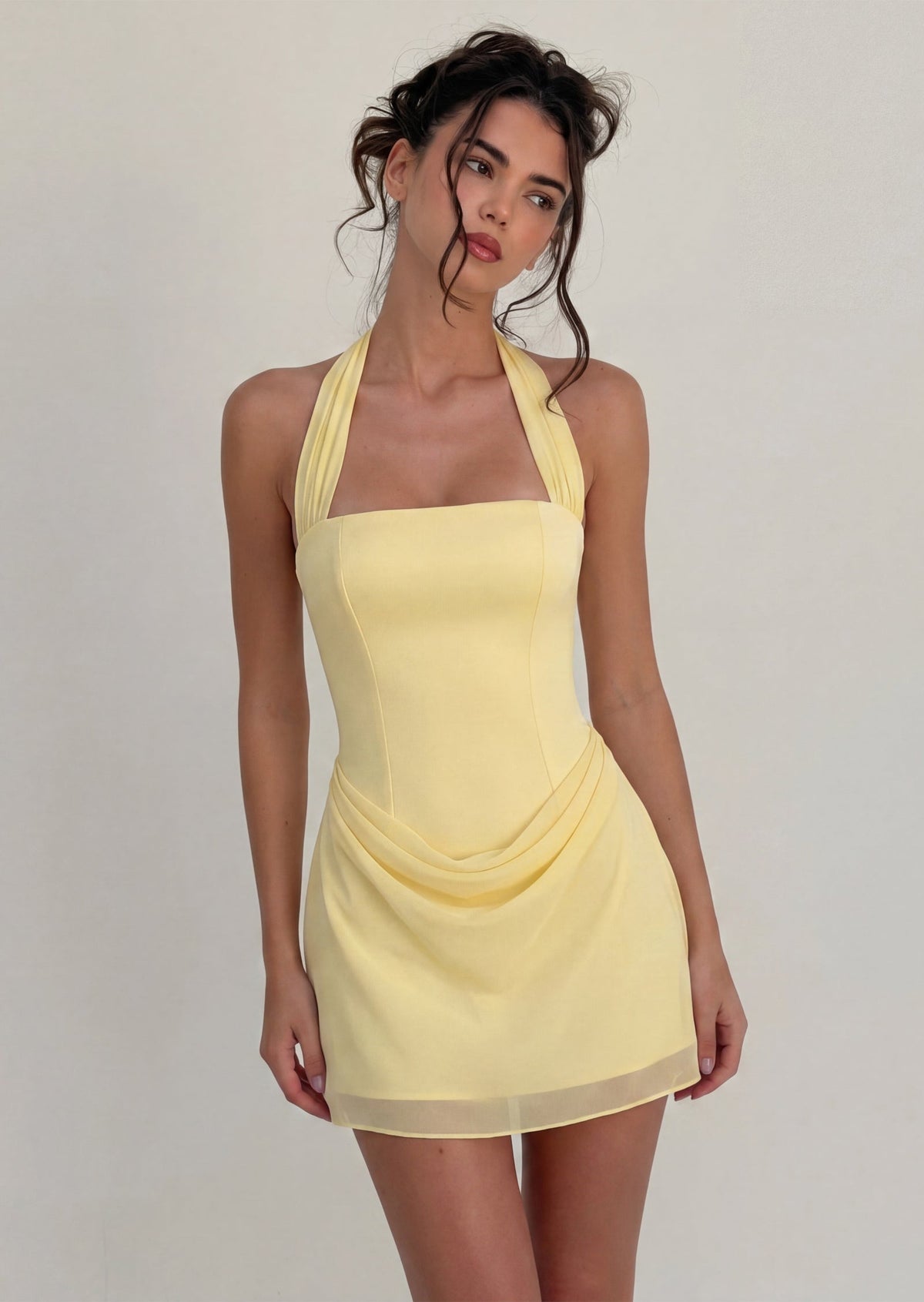Helen Satin Draped Mini Dress In Yellow