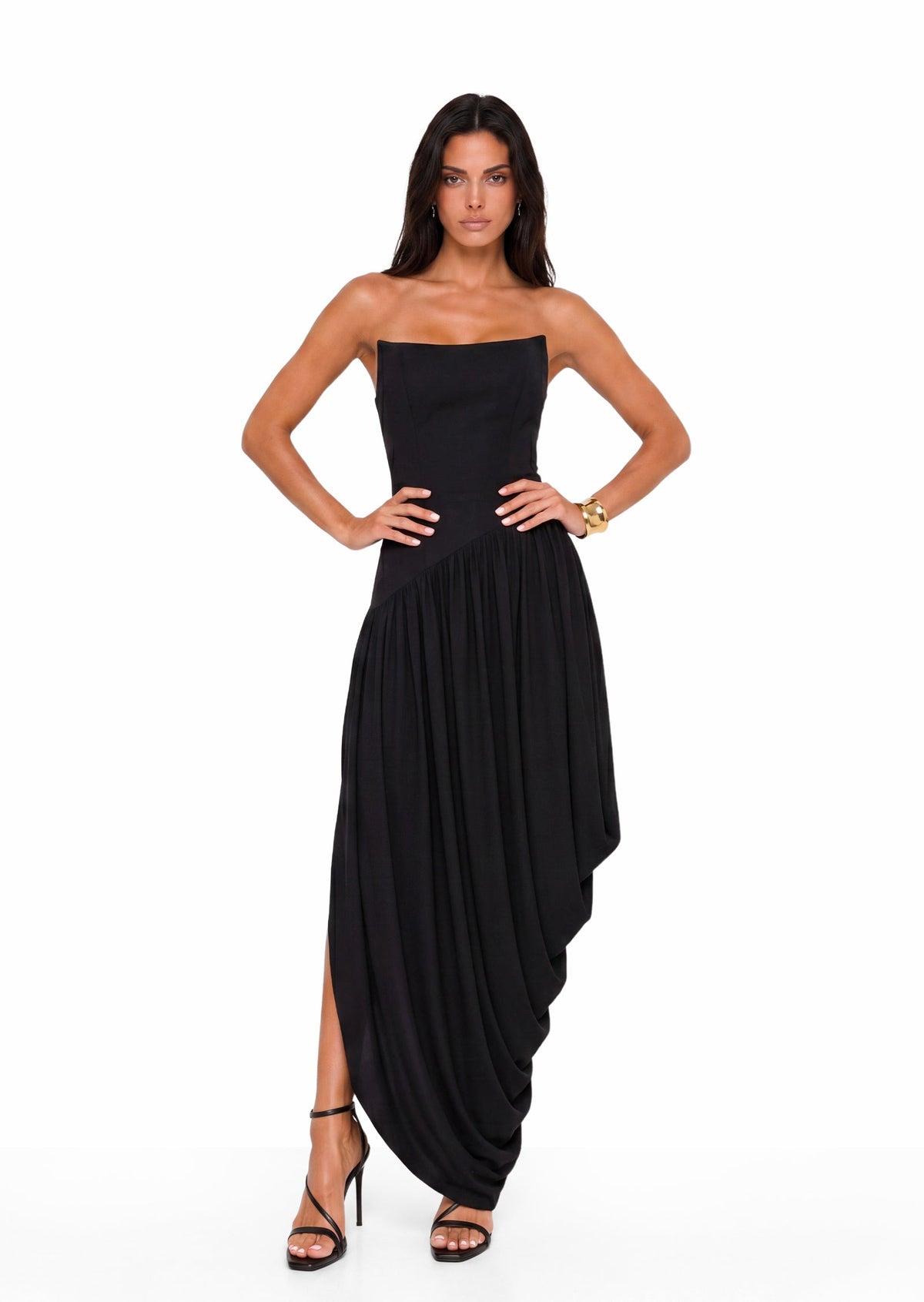 Caelan Strapless Asymmetrical Maxi Dress In Black