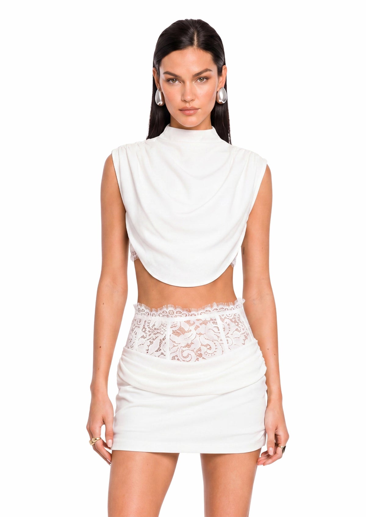 Ichika Sheer Top & Mini Skirt With Lace Set In White