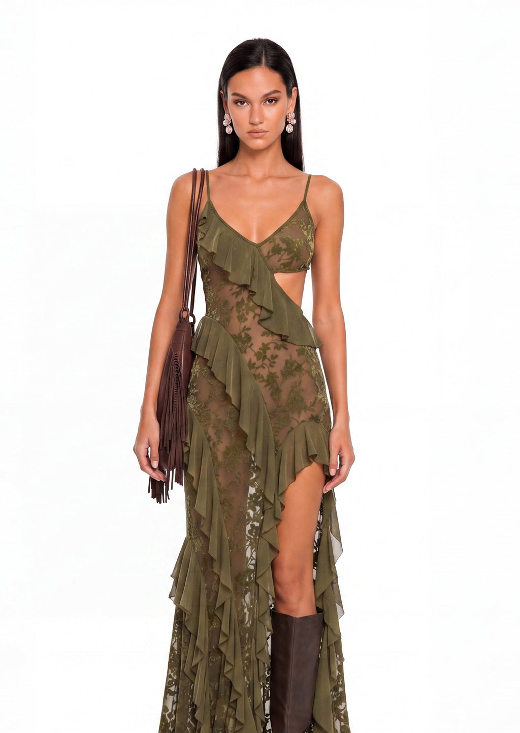 Idhild Sheer Mesh Side Slit Maxi Dress