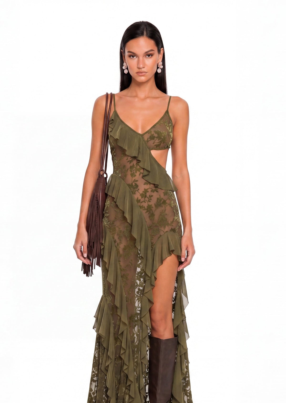 Idhild Sheer Mesh Side Slit Maxi Dress