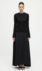 Knitted Satin Maxi Dress In Black