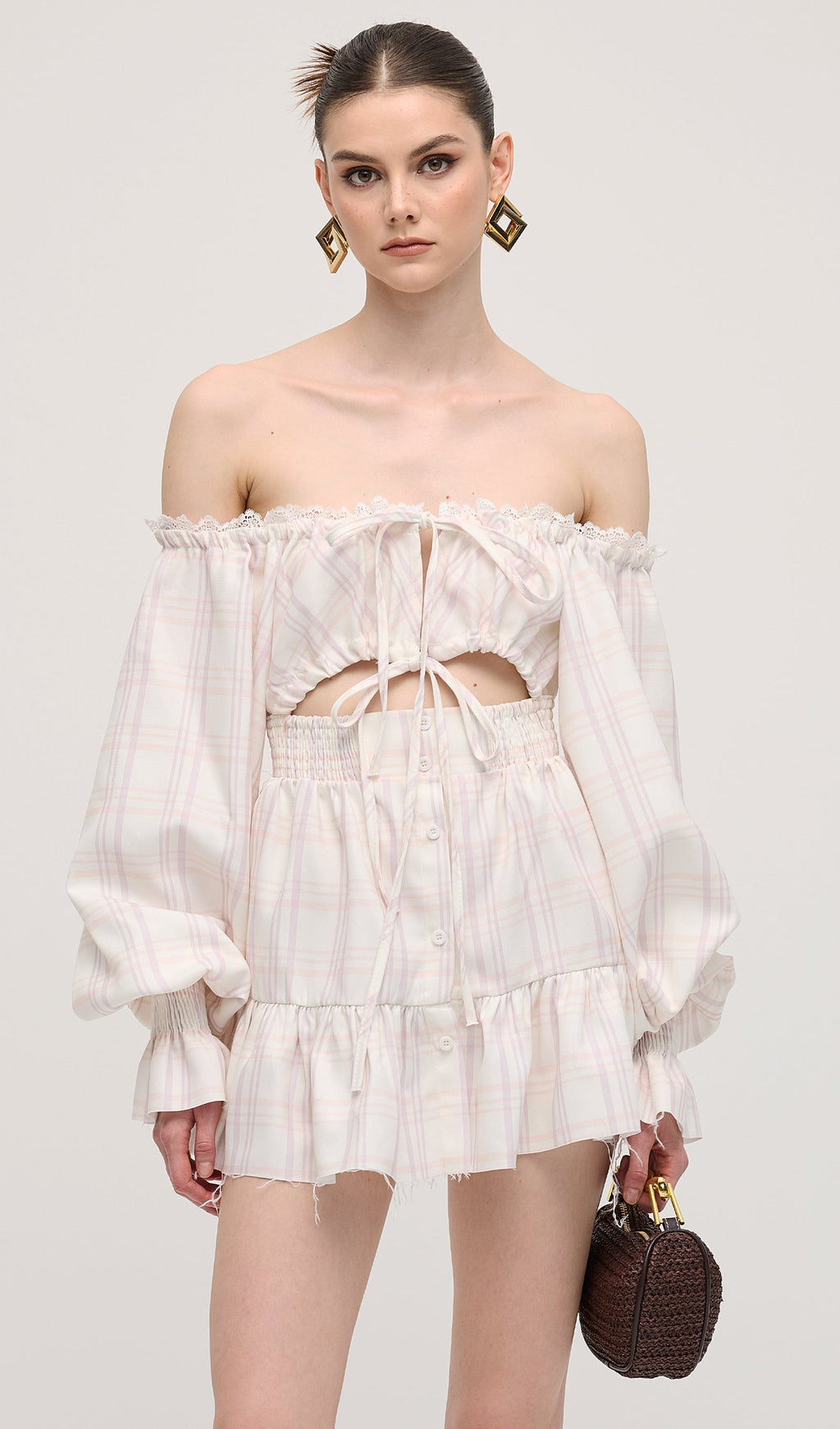 Lace Up Mini Dress In Grid