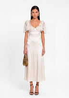 Earl Satin Midi Dress With Lace Sleeve