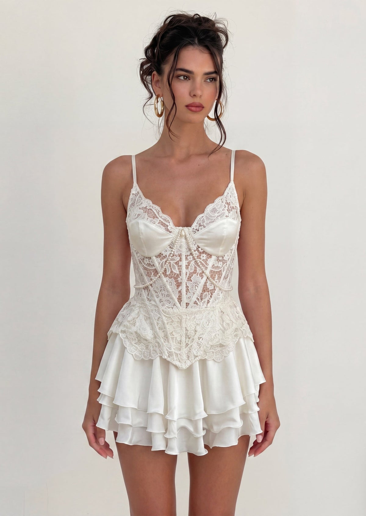 Aviana Lace Corset Mini Dress Set In White