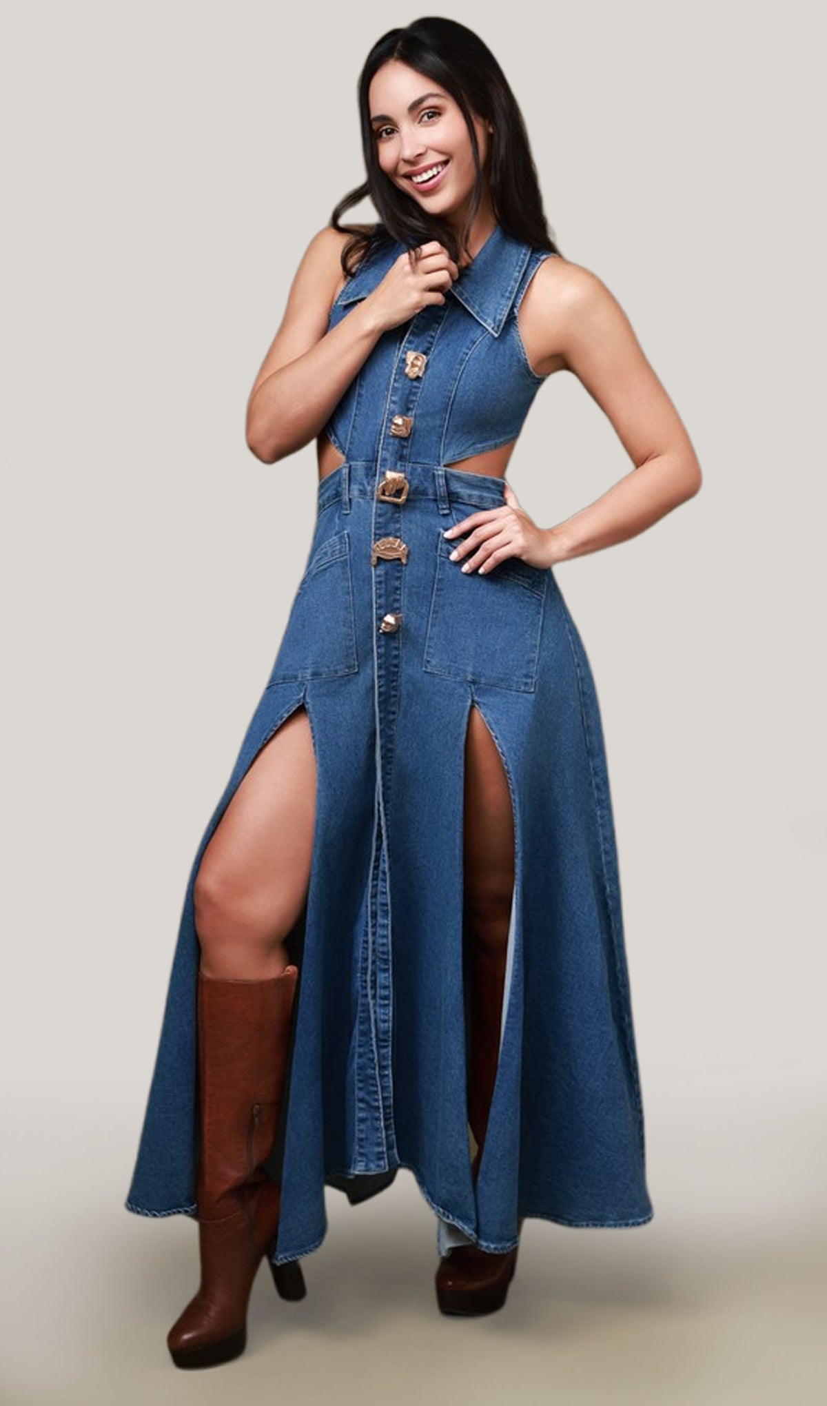 Lapel Collar Cut Out Denim Maxi Dress