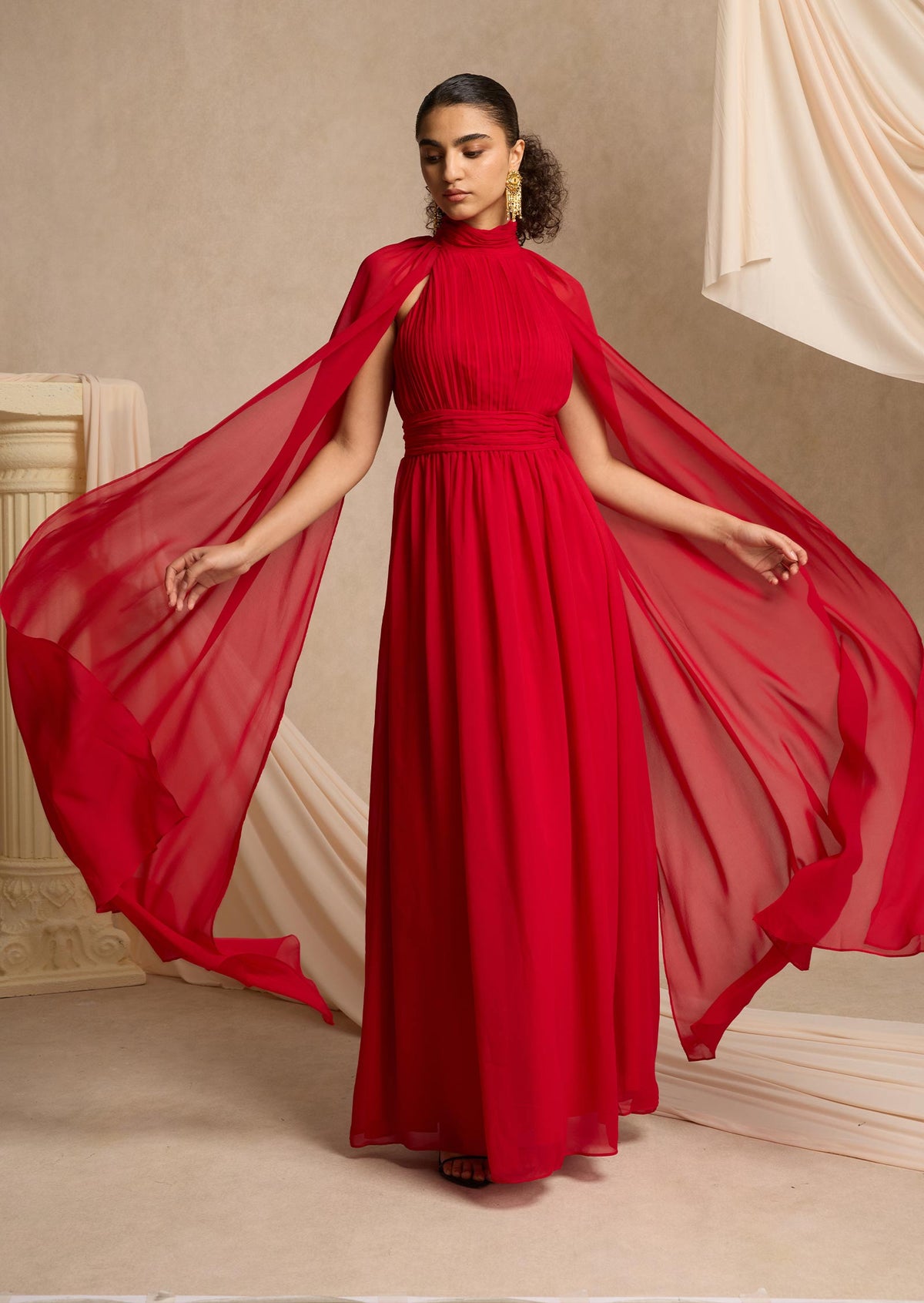 Layali Rose Cape Effect Gathered Chiffon Gown