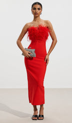 Lena Feather Trimmed Midi Dress Red