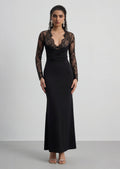 Long Sleeve Plunge Neck Lace Maxi Dress