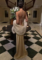 Falan Halter Backless Satin Maxi Dress In Gold