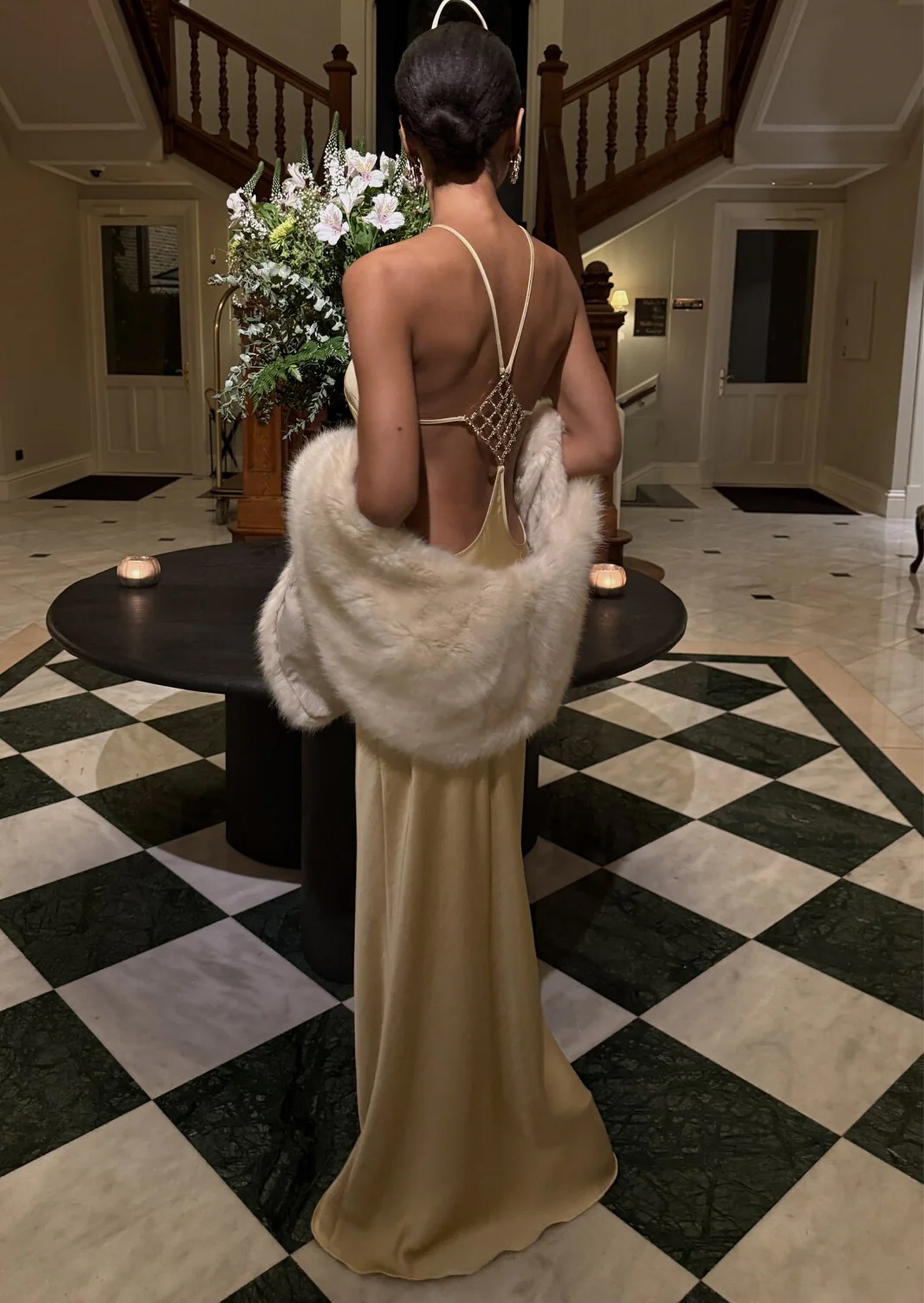 Falan Halter Backless Satin Maxi Dress In Gold