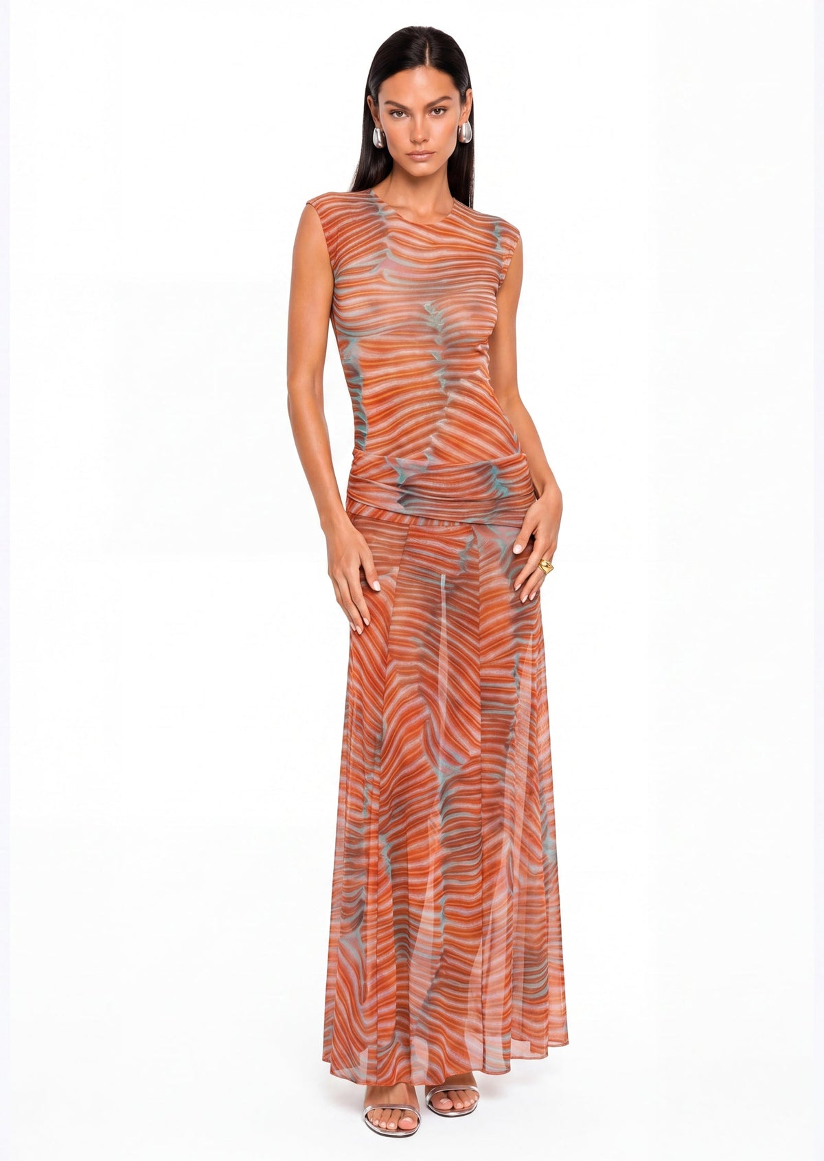 Pahuac Print Sheer Mesh Dress Two Piece Set