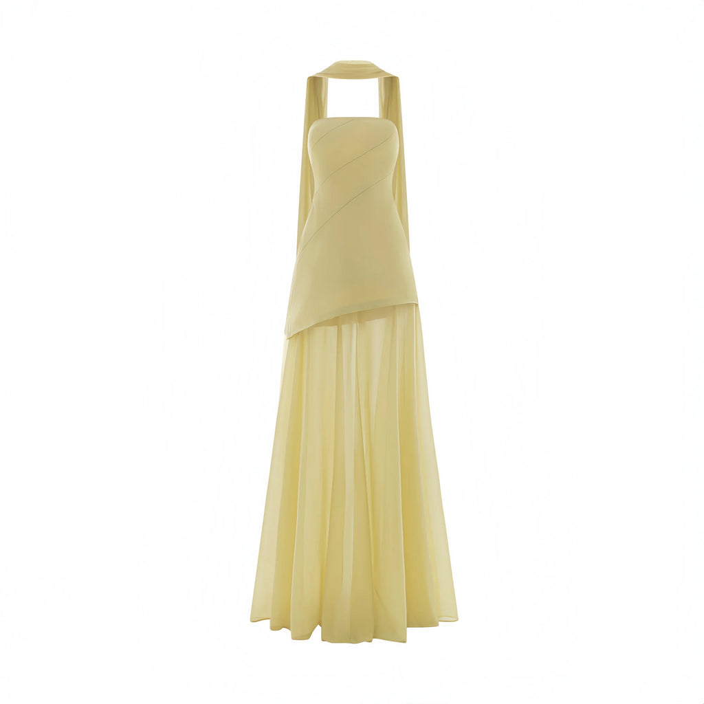 Halina Strapless Layered Train Maxi Dress In Lemom