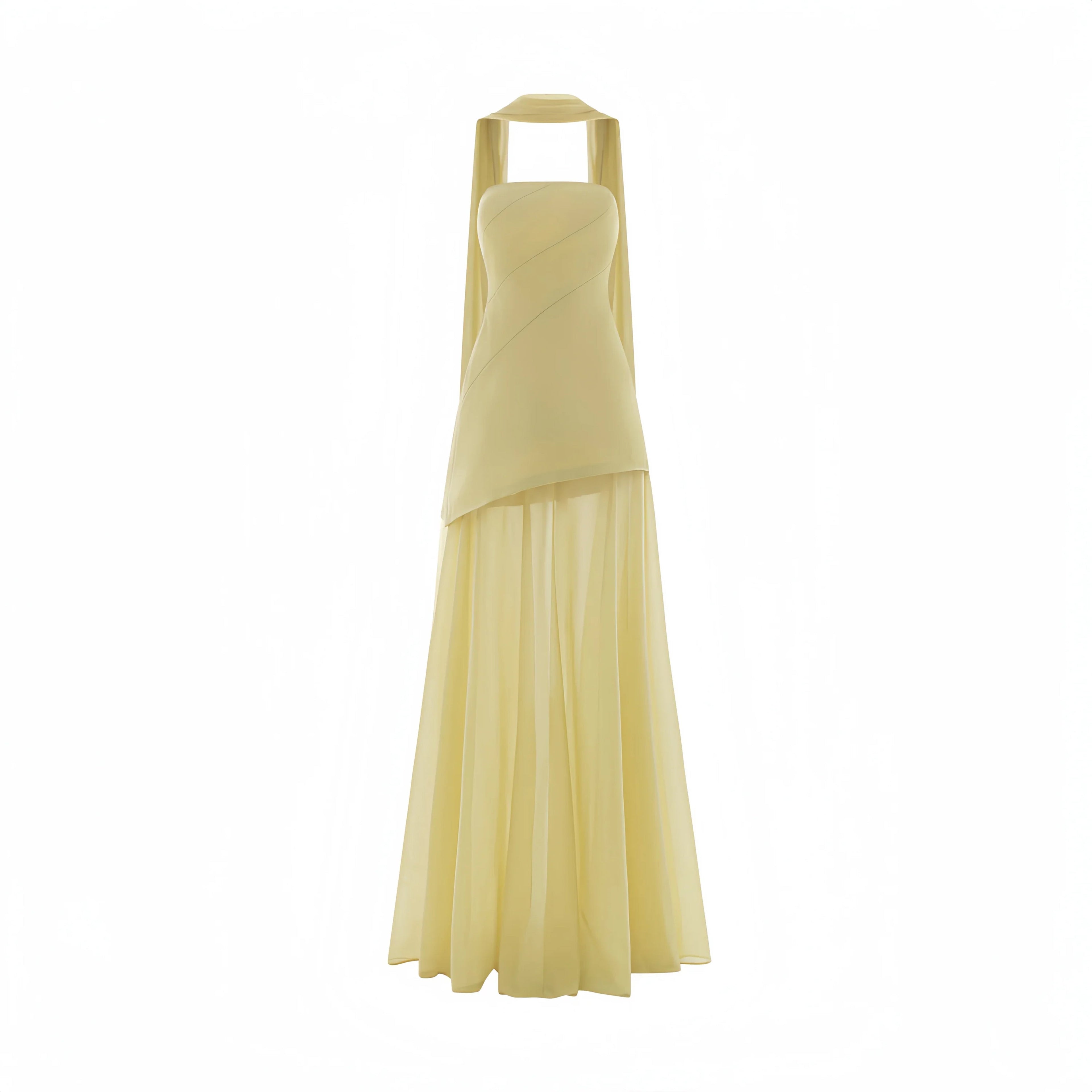 Halina Strapless Layered Train Maxi Dress In Lemom