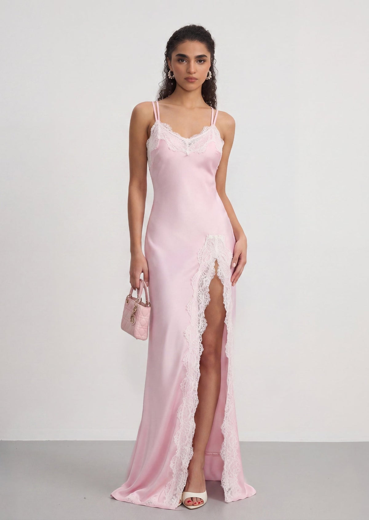 Coralie Satin Maxi Dress With Lace Trim