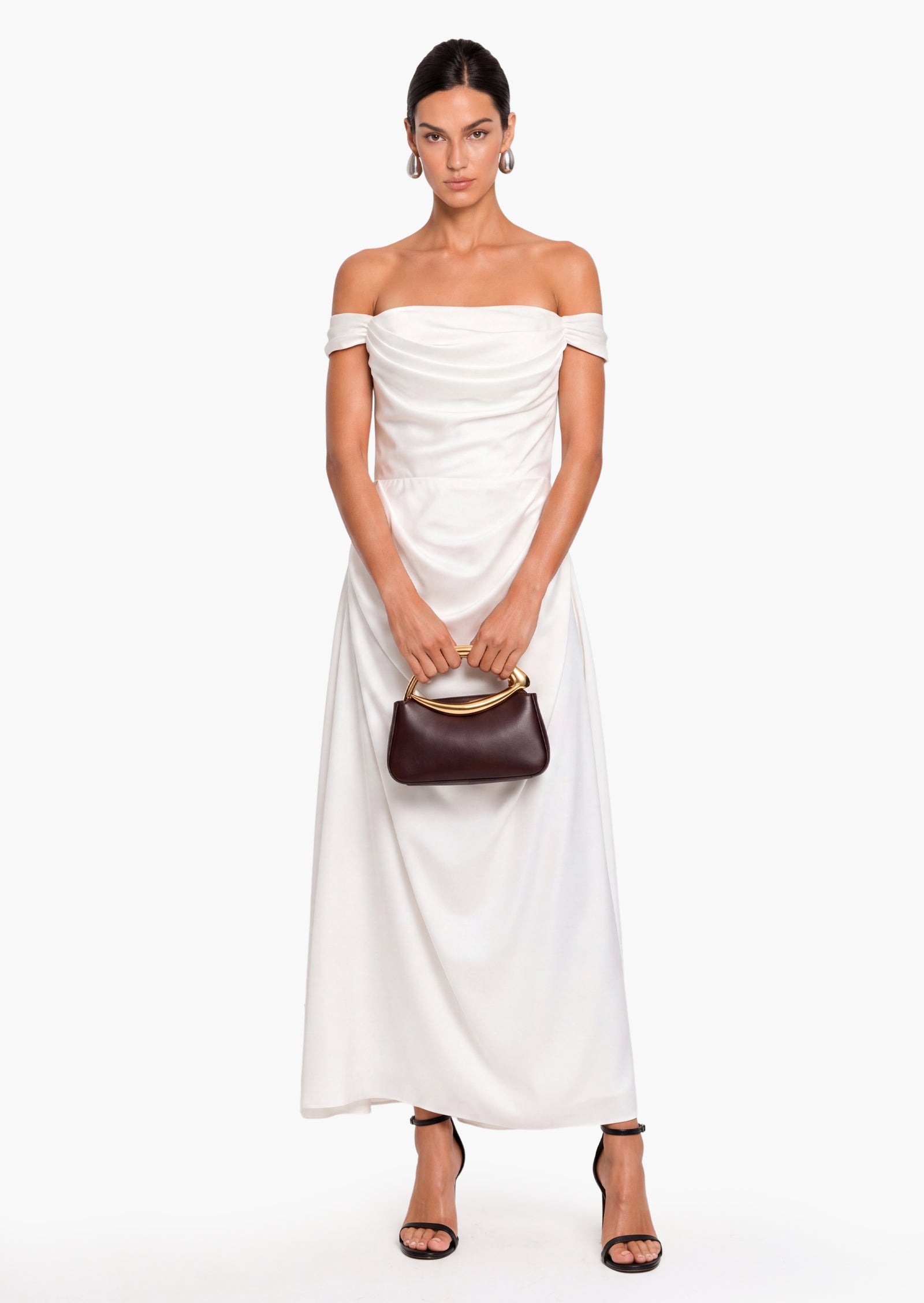Off Shoulder Satin Maxi Dress