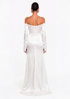 Satin Off Shoulder Ruched Maxi Dress