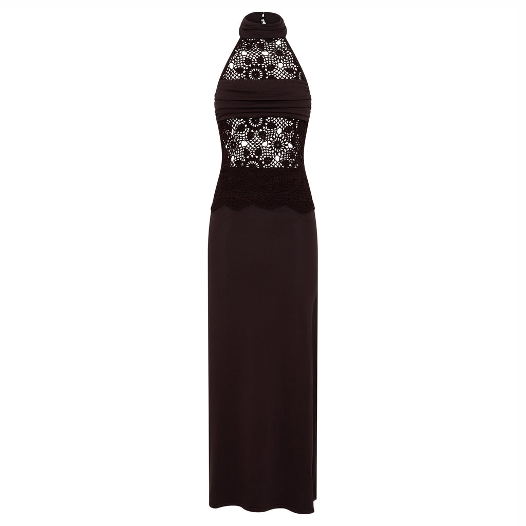 Zadok Knit & Crochet Maxi Dress In Dark Chocolate