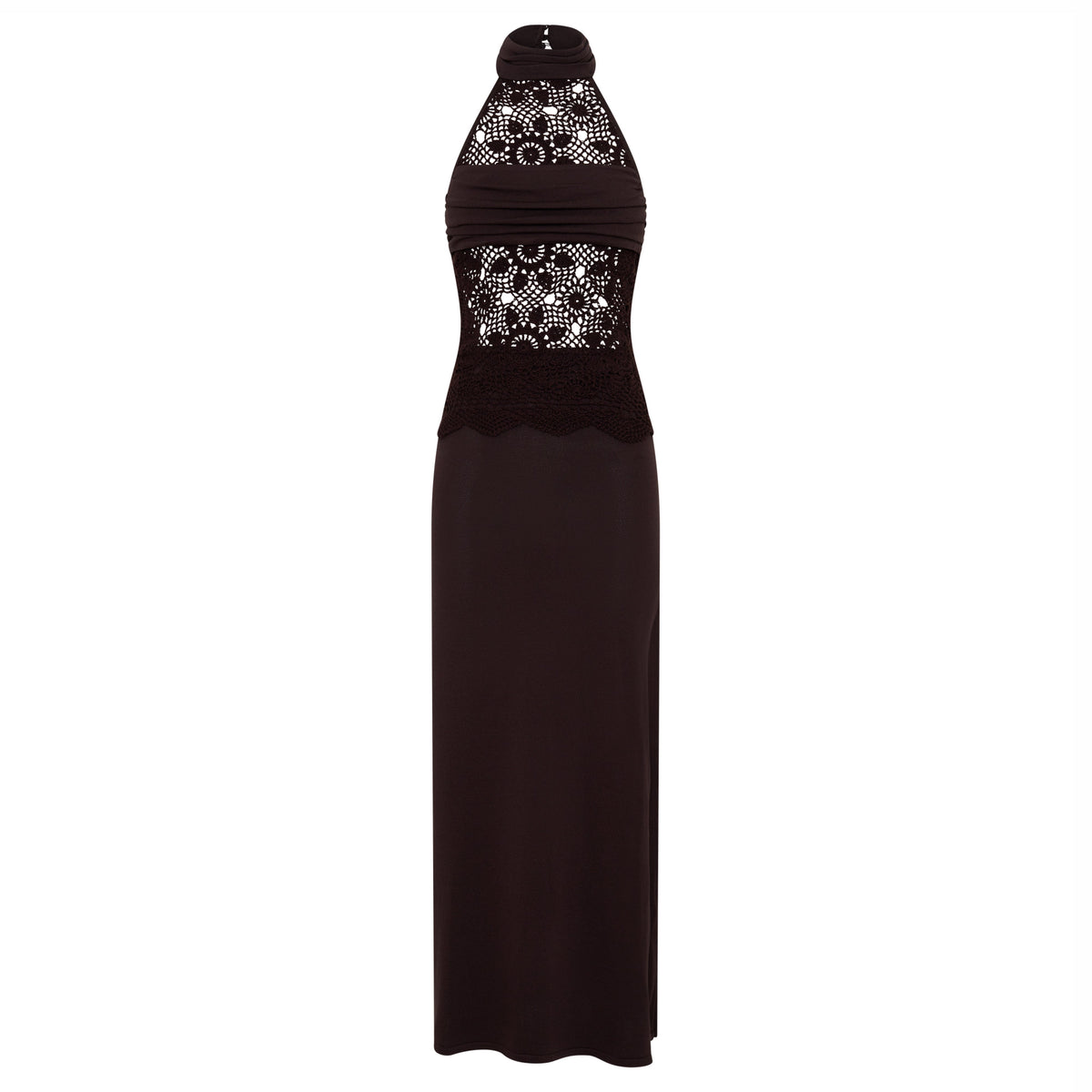 Zadok Knit & Crochet Maxi Dress In Dark Chocolate