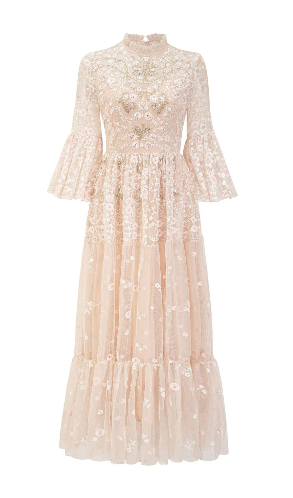 Embroidered Flower Sequins Mesh Maxi Dress