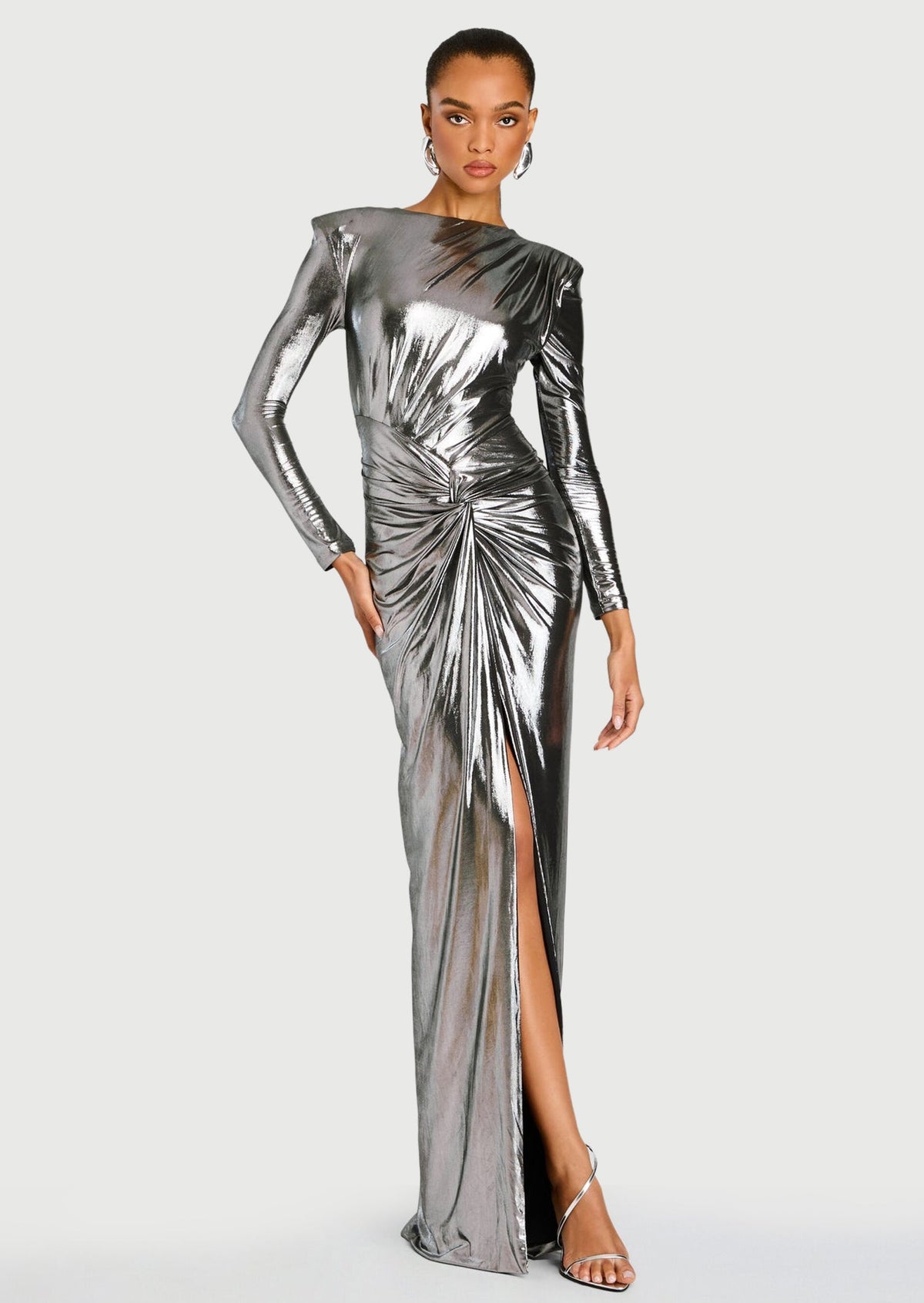 Metallic Slit Maxi Dress In Sliver