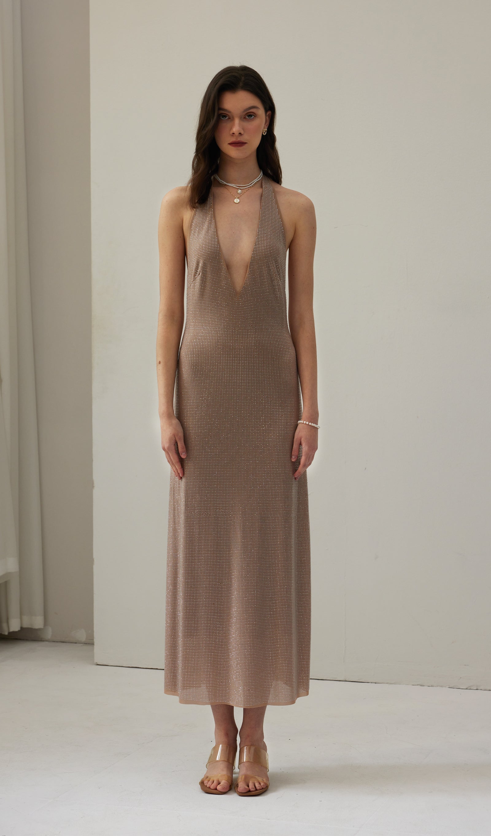 Diamante Halter Midi Dress - Nude