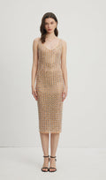 Embellished Open-Back Midi Dress Nude
