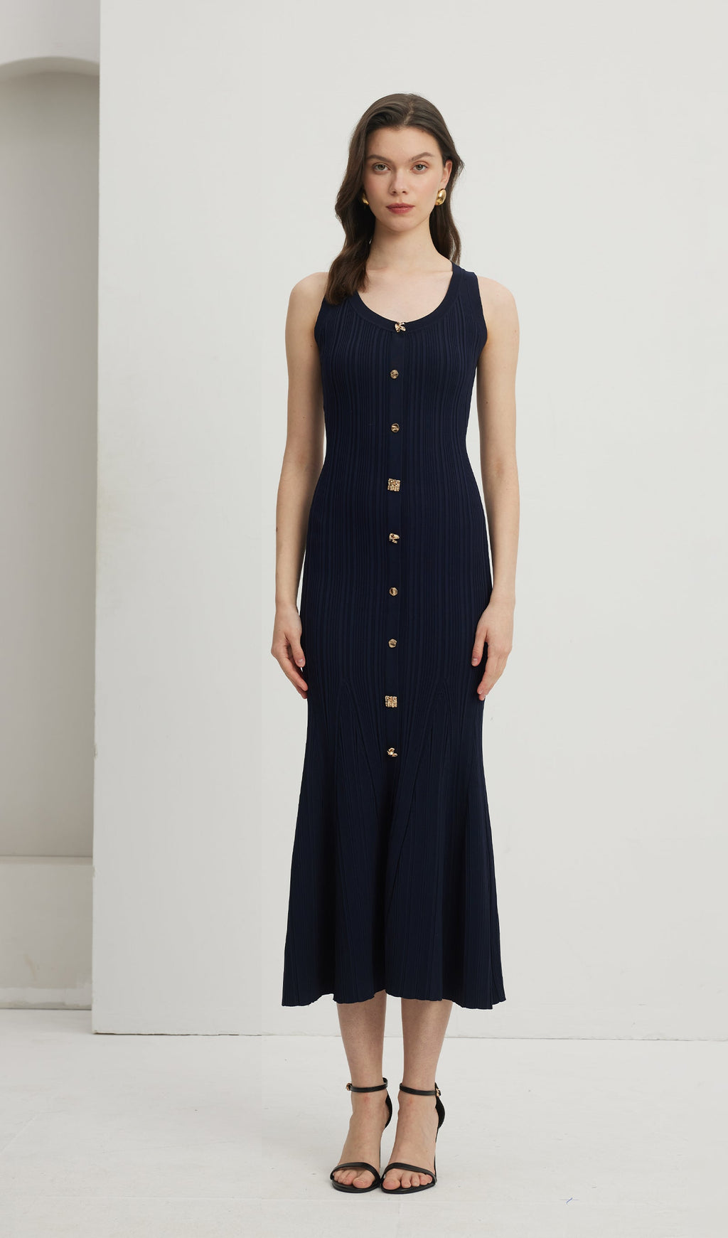 Metallic Button Knit Midi Dress