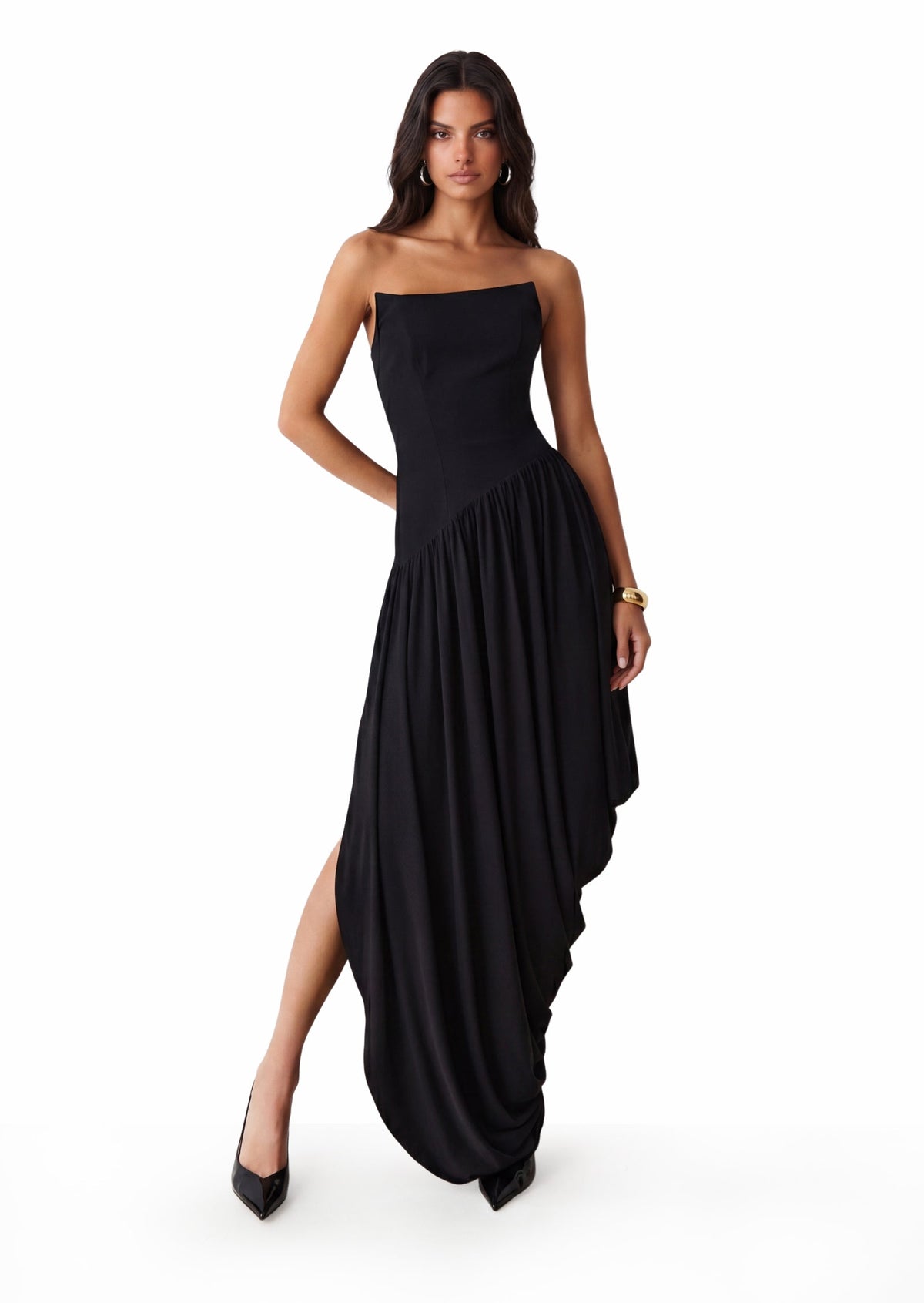 Caelan Strapless Asymmetrical Maxi Dress In Black