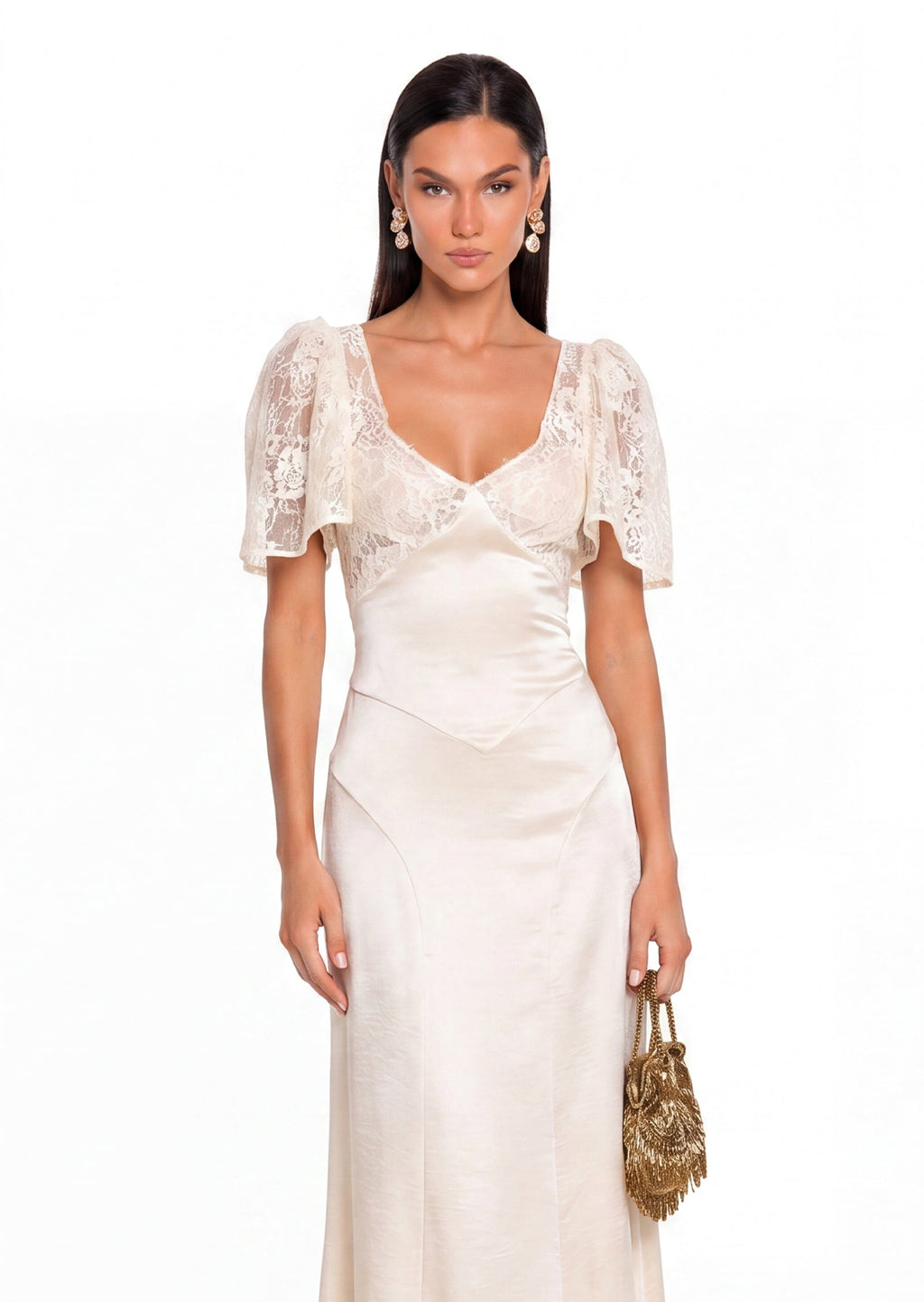 Earl Satin Midi Dress With Lace Sleeve