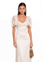Earl Satin Midi Dress With Lace Sleeve