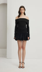 Open Shoulders Balloon Mini Dress-Black